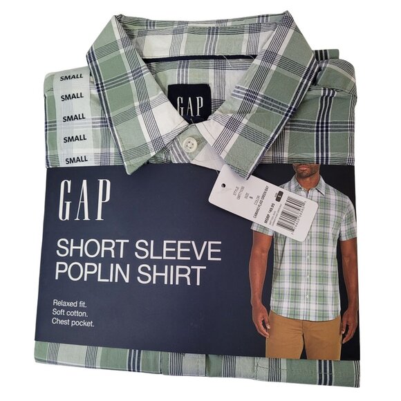 GAP Men's Green Plaid Short Sleeve Button-Up Poplin Cotton Shirt Small New - Picture 11 of 12